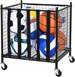 VEVOR Rolling Sports Ball Storage Cart, Lockable Basketball Cage with Elastic Straps, Sport Equipment Holder Organizer for Indoor Outdoor, Steel Storage Rack for Garages, Playgroup, Gym and Schools