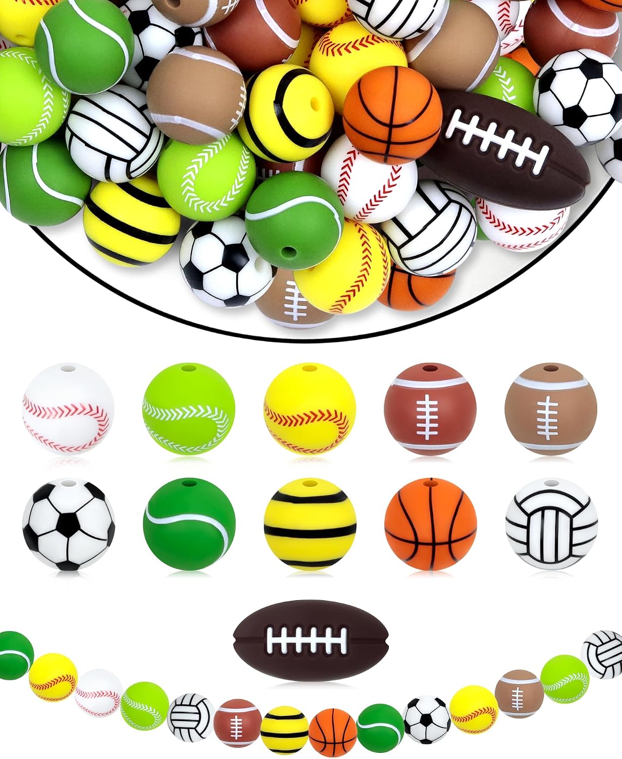 FIVEIZERO 41PC Sports Baseball Silicone Beads - Multi-Sport Focal Beads (Football Soccer Basketball Volleyball) for Keychains, Bracelets, Jewelry Making & Team Spirit Crafts