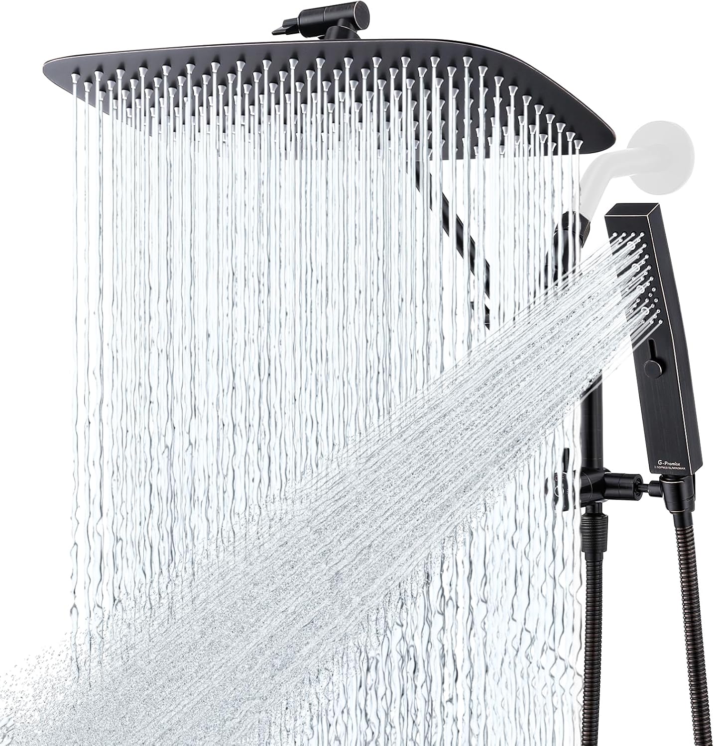 G-Promise All Metal 14 Inch Shower Head with Massage Mode Handheld, Rain Shower Head with Handheld Spray Combo, 3-Way Diverter with Pause Setting, 12 Inch Adjustable Extension Arm (Oil Rubbed Bronze)