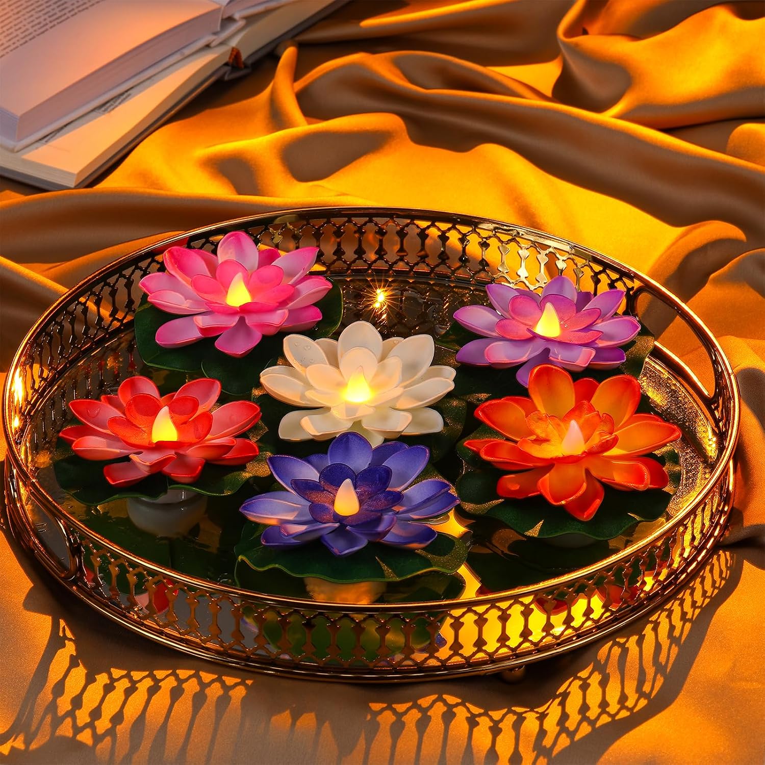 6 Pcs Diwali Lotus Decoration Floating Lotus with Lights Plastic Flower Diwali Artificial Lotus Traditional Indian Decor for Diwali Puja Home Outdoor Party Decoration(3.94 Inch)