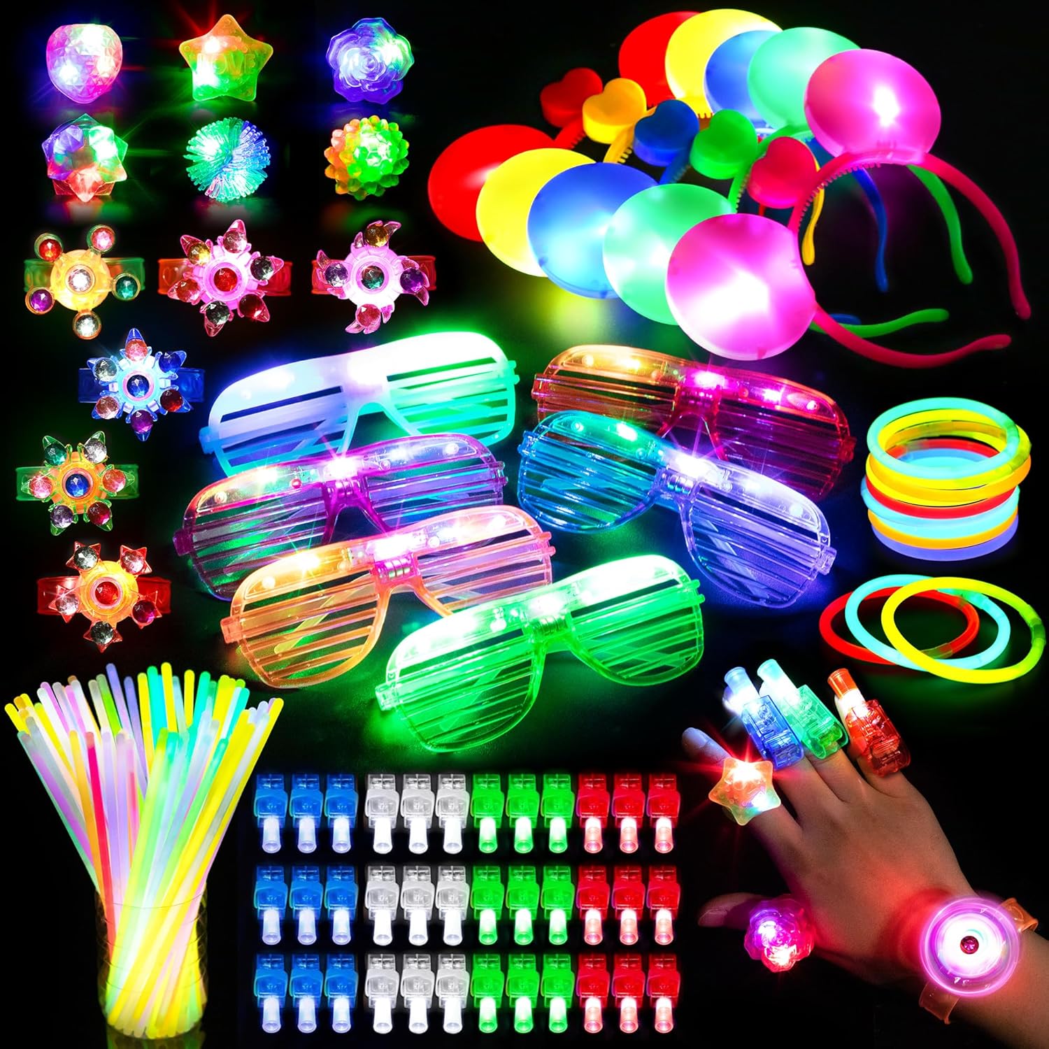 Mocoosy 103PCS Glow in the Dark Party Supplies, Light Up Party Favours for Kids Adult Neon Toys Bulk Party Pack With Glow Sticks, Led Glasses,Spinner Bracelets, Finger Lights,Jelly Ring, LED Headbands