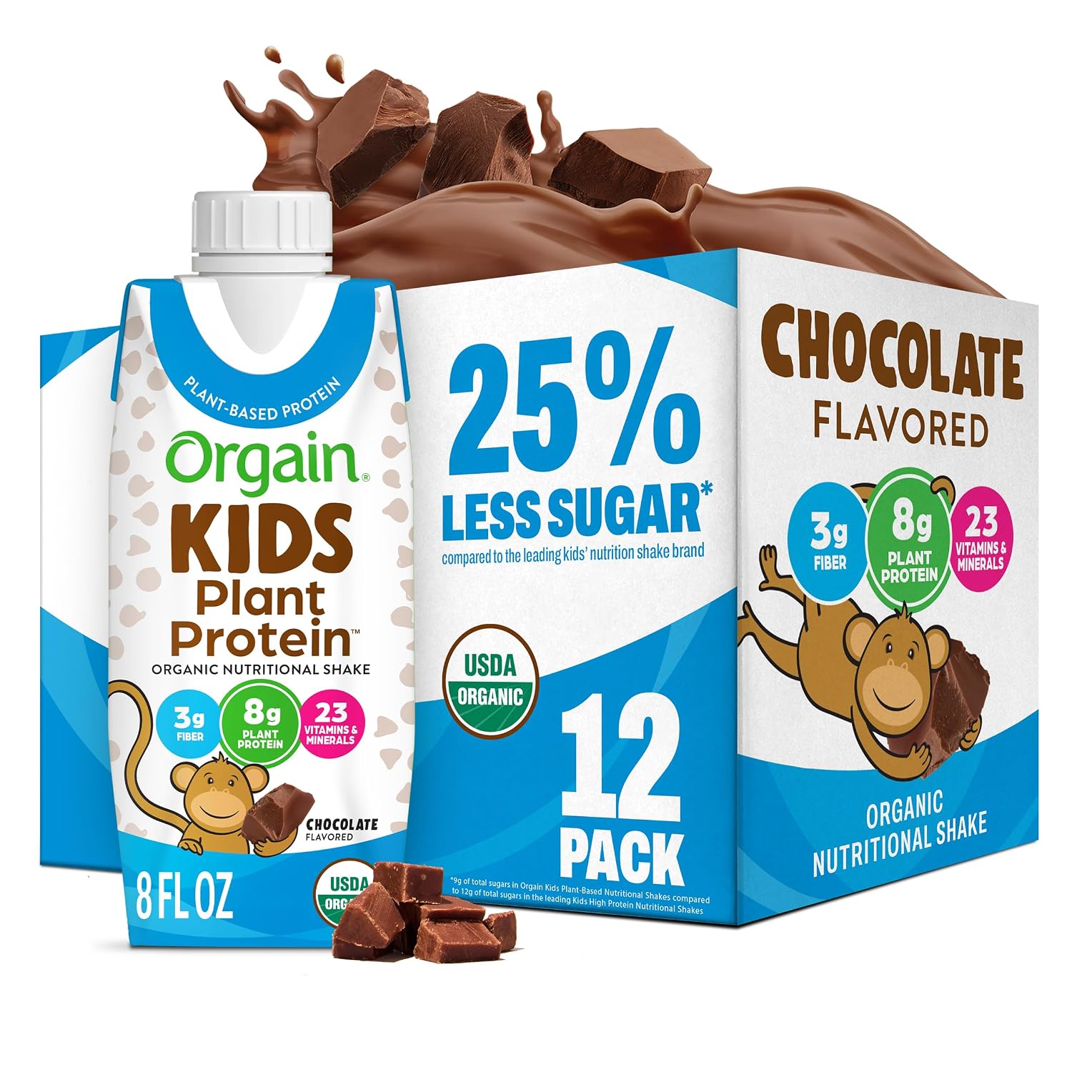 Orgain Organic Kids Nutritional Vegan Protein Shakes, Chocolate - Healthy Kids Snacks, 8g Plant Protein, 23 Vitamins & Minerals, 3g Fiber, No Dairy & Soy, Non-GMO, 8 Fl Oz, 12 Pack, Packaging May Vary