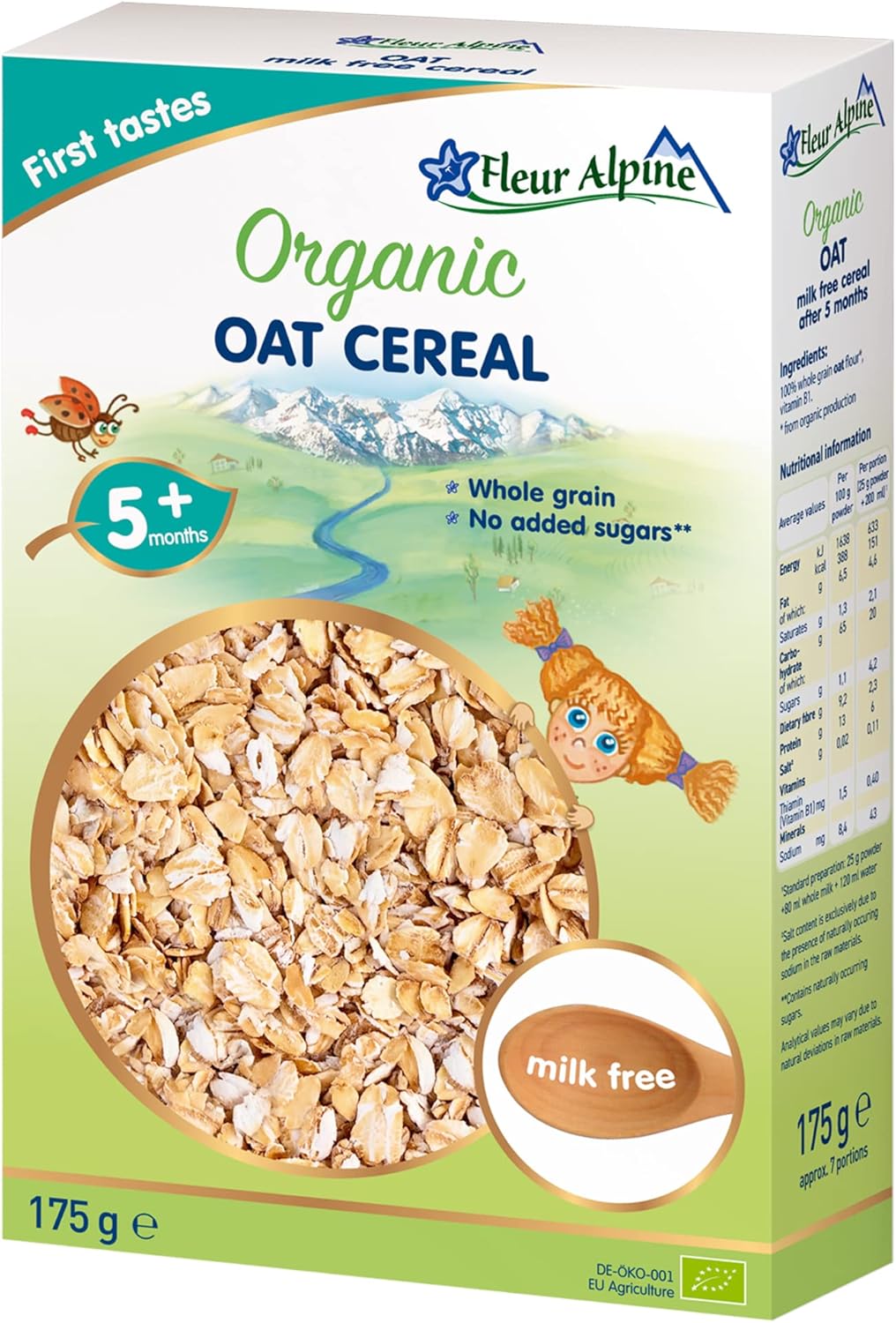 FLEUR ALPINE Organic Oat Baby Cereal Dairy Free - Yummy Baby Porridge for Deliciously Smooth Breakfast Meals | Nutritious and Easy To Make Cereal 5+ Months with No Added Sugars | 7 Servings