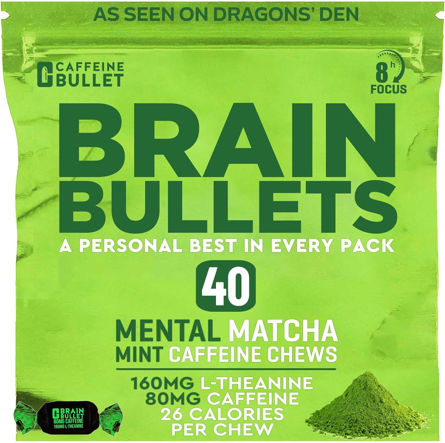 80mg Caffeine & 160mg L-Theanine Focus Enhancing Energy Chews – Neuroscience Backed Nootropic Stack, Mental Acuity & Cognitive Support | Mint Matcha Flavor Brain Bullet, 1 Bag