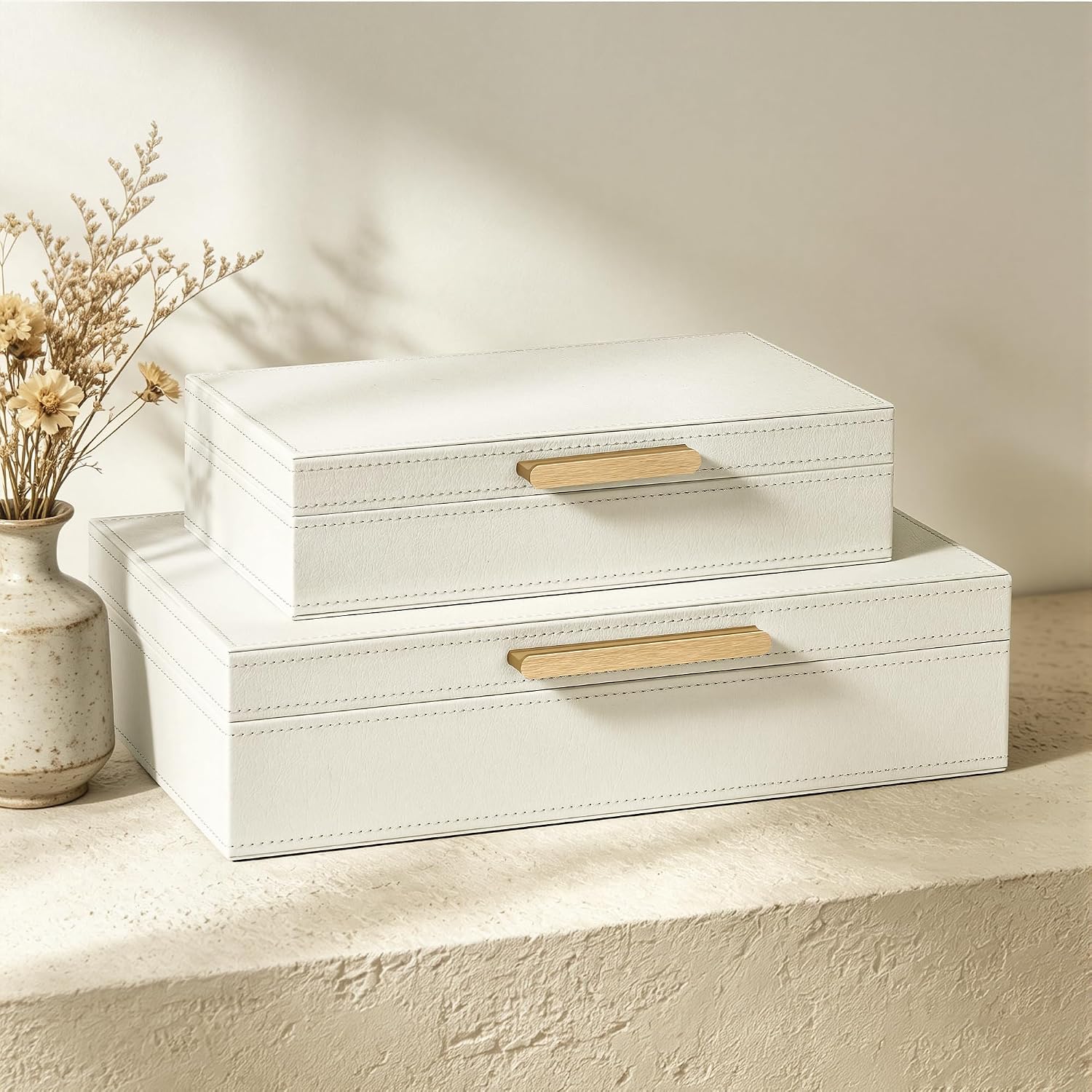 JARLINK Decorative Storage Boxes with Lids, PU Leather Bins, 2 Pack, White