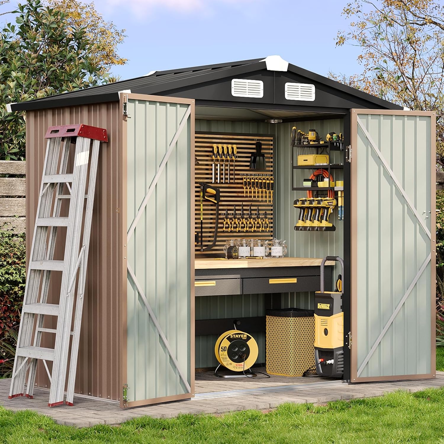 Aoxun 6.2x4 FT Shed Outdoor Storage Shed with Lockable Doors & Slooping Roof Metal Garden Tool Shed for Backyard, Patio, Poolside (Brown)