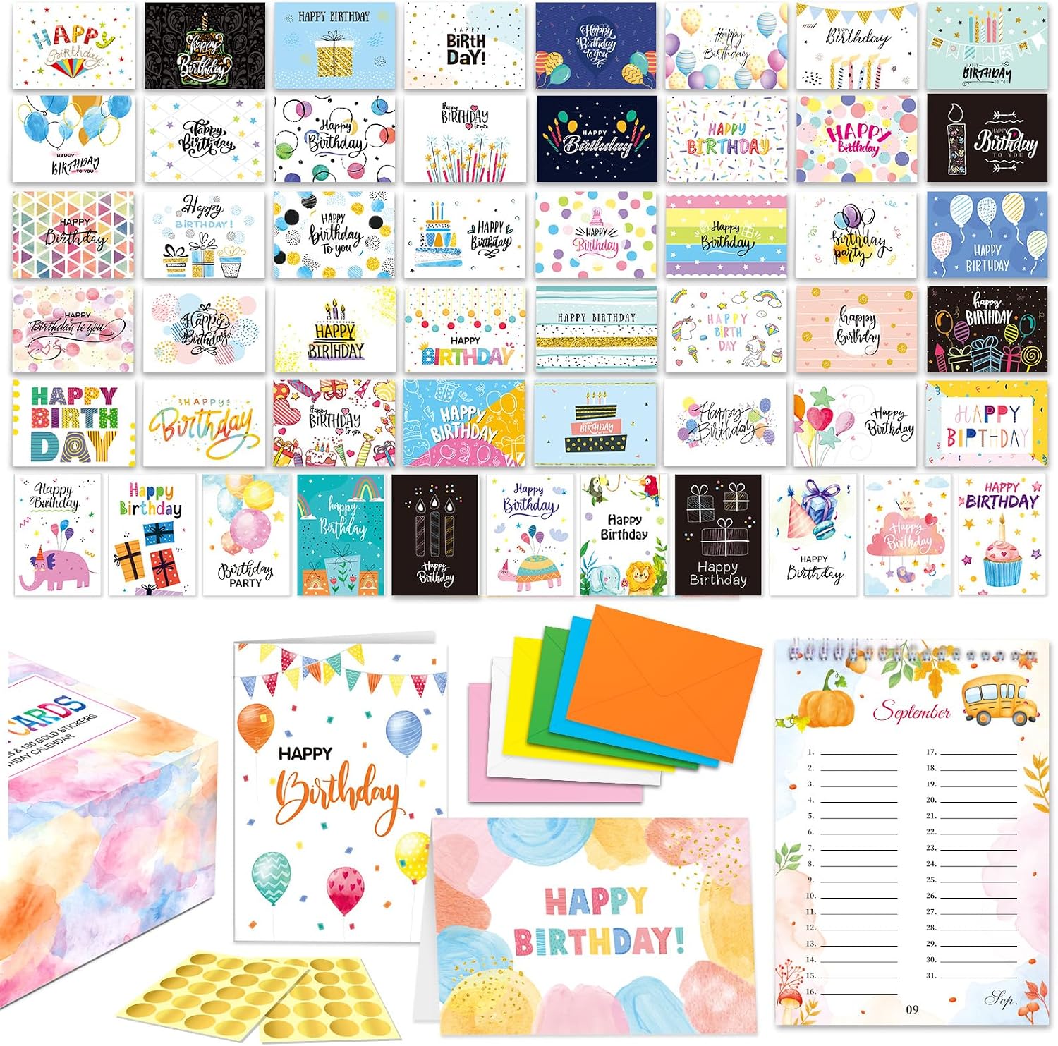 FindFunFine Assorted Happy Birthday Cards Bulk 100 Sets Unique Birthday Cards With Envelopes, Gold Seal Stickers, Birthday Calendar, Store Box Birthday Gifts With Message Inside 5X7 Inch