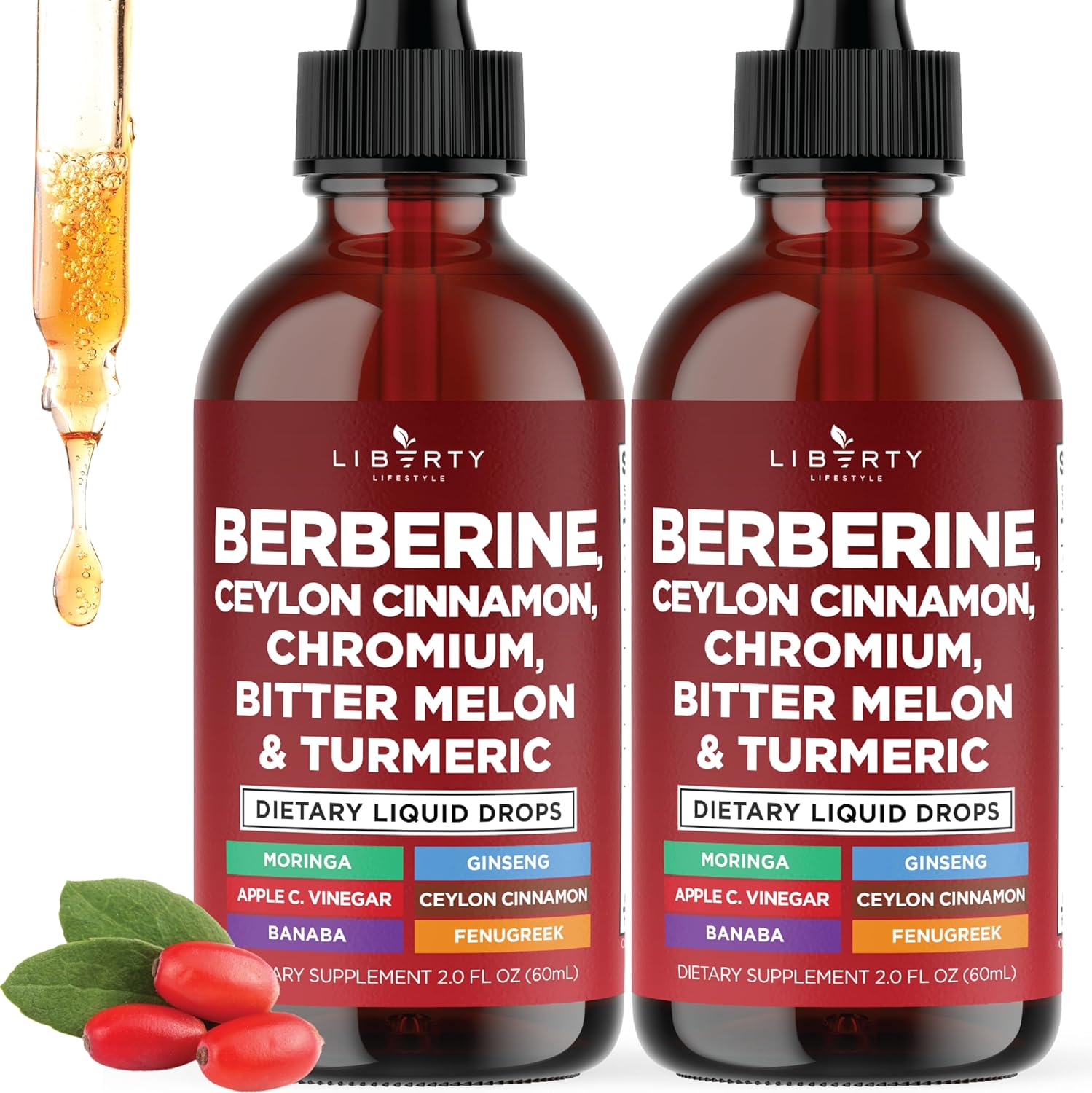 Berberine with Ceylon Cinnamon Supplement Liquid Drops + Bitter Melon Extract, Glucomannan, Gymnema, Chromium, Turmeric, Panax Ginseng, Moringa- 4 OZ