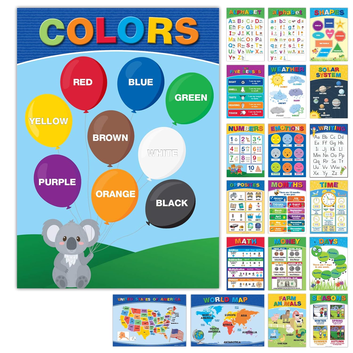 20 Large Educational Posters For Kids Toddlers (16.5x12 Double Sided English/Spanish) Alphabet Colors Letters Numbers Shapes Months Days Weather Time Animals Solar System Seasons Map