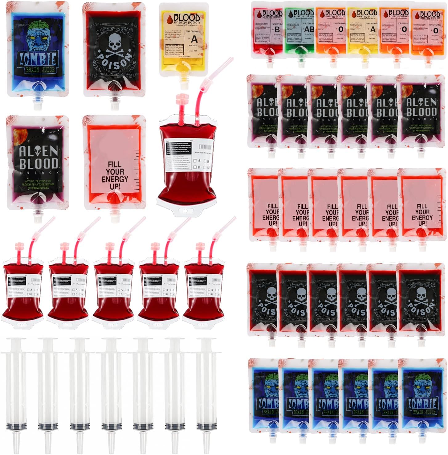 Halloween Blood Bags Party Supplies - 42PCS Blood Bags for Drinks 35 Reusable Blood Drink Pouches +7 Syringes Party Favors, Blood IV Bags for Vampire Zombie Costume Props Halloween Party Decorations