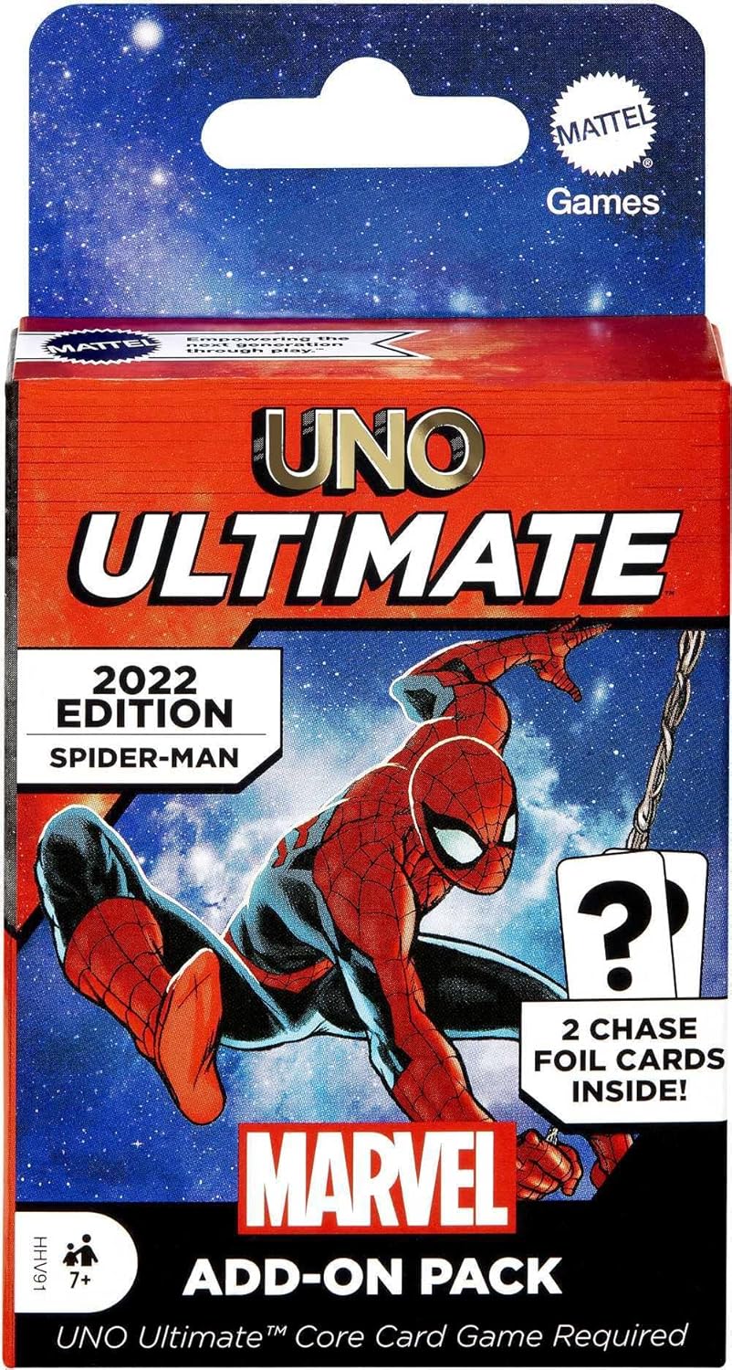 Mattel Games ​UNO Ultimate Marvel Card Game Add-On Pack with Spider-Man Character Deck & 2 Collectible Foil Cards, Gift for Collectors & Kids Ages 7 Years & Older