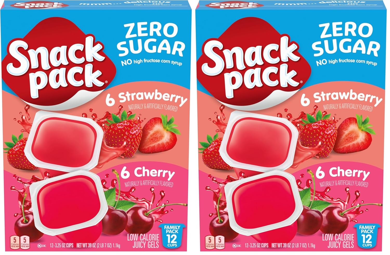 Snack Pack Zero Sugar Strawberry and Cherry Flavored Low Calorie Juicy Gels Cups, 3.25 oz., 12-Count Family-Pack (Pack of 2)