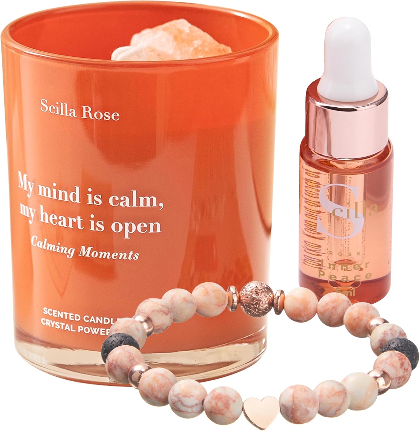 Soothing Anti-Anxiety Aromatherapy Charm Bracelet with Crystal Healing & Scented Candle Set - Women's Relaxation, Stress Relief, Wellness Pamper Hamper Gift for Mum, Best Friend, Sister