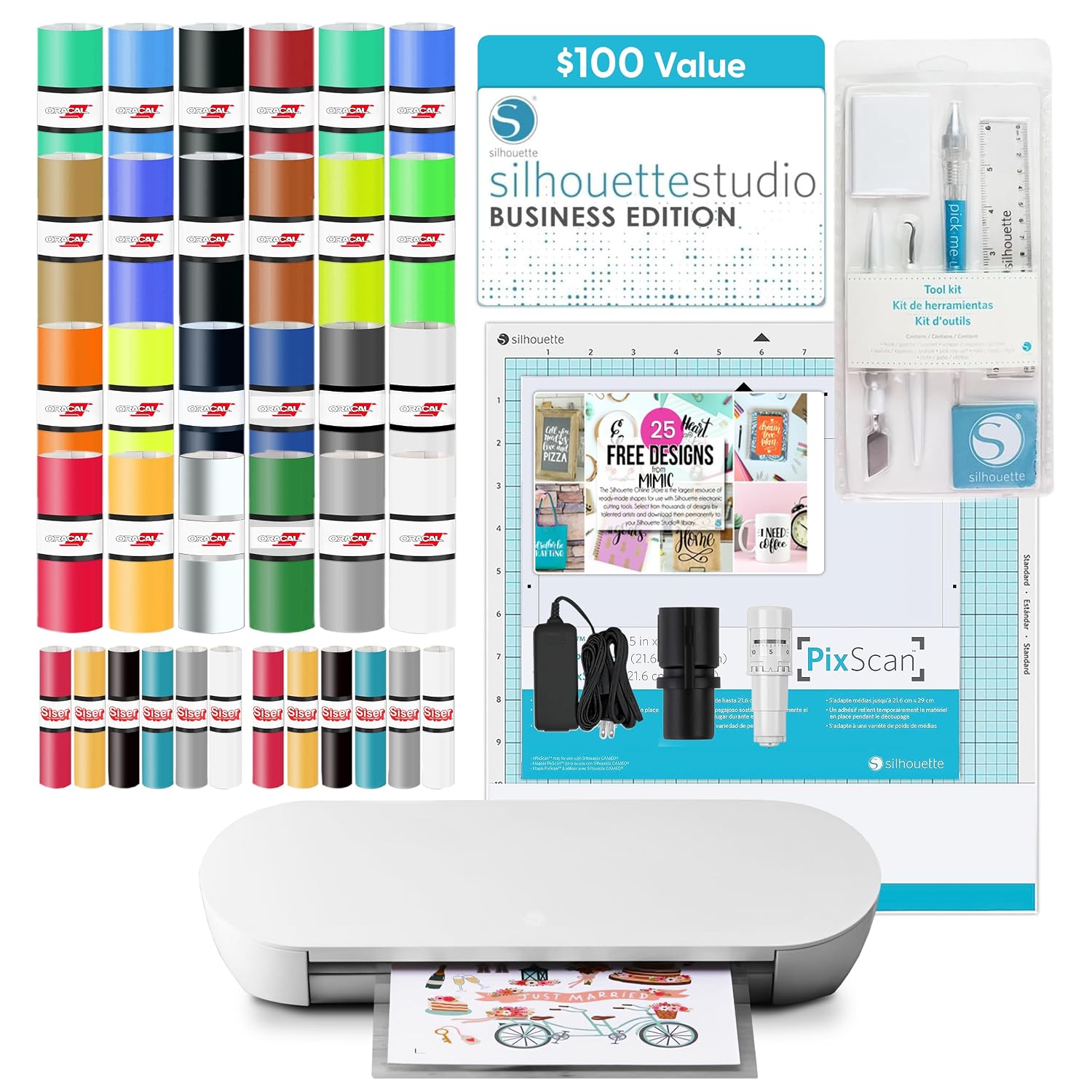 Silhouette America Portrait 4 Vinyl Cutting Machine, Deluxe Bundle - 9” Vinyl Cutter with PixScan, Business Edition Software, 12 Sheets of HTV, 24 Sheets of Oracal, and Tool Kit for Crafters