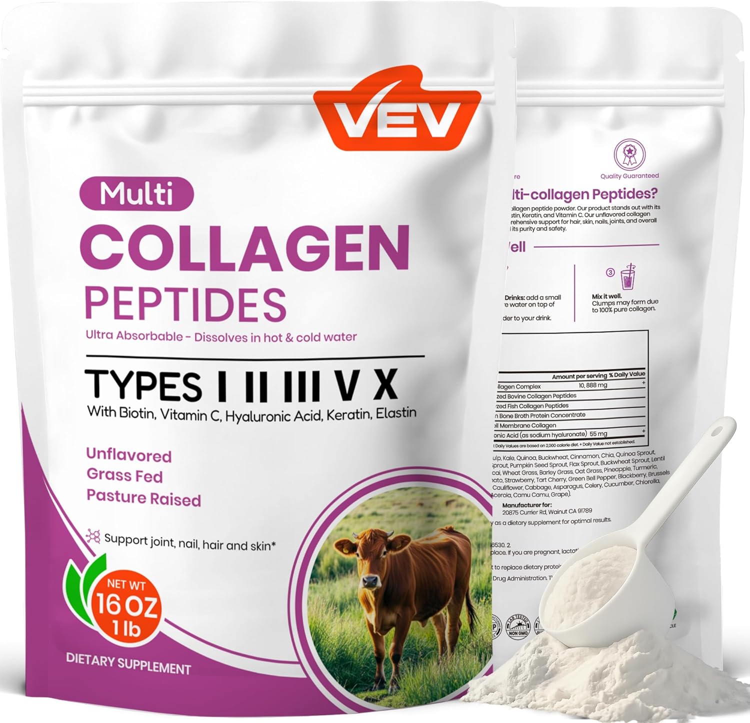 VEV Multi Collagen Peptides Powder, 16 oz (41 Servings) – Type I, II, III, V, X, Hydrolyzed Collagen, Hyaluronic Acid Power, Biotin, Vitamin C, Supports Skin, Unflavored, Dissolves Easily