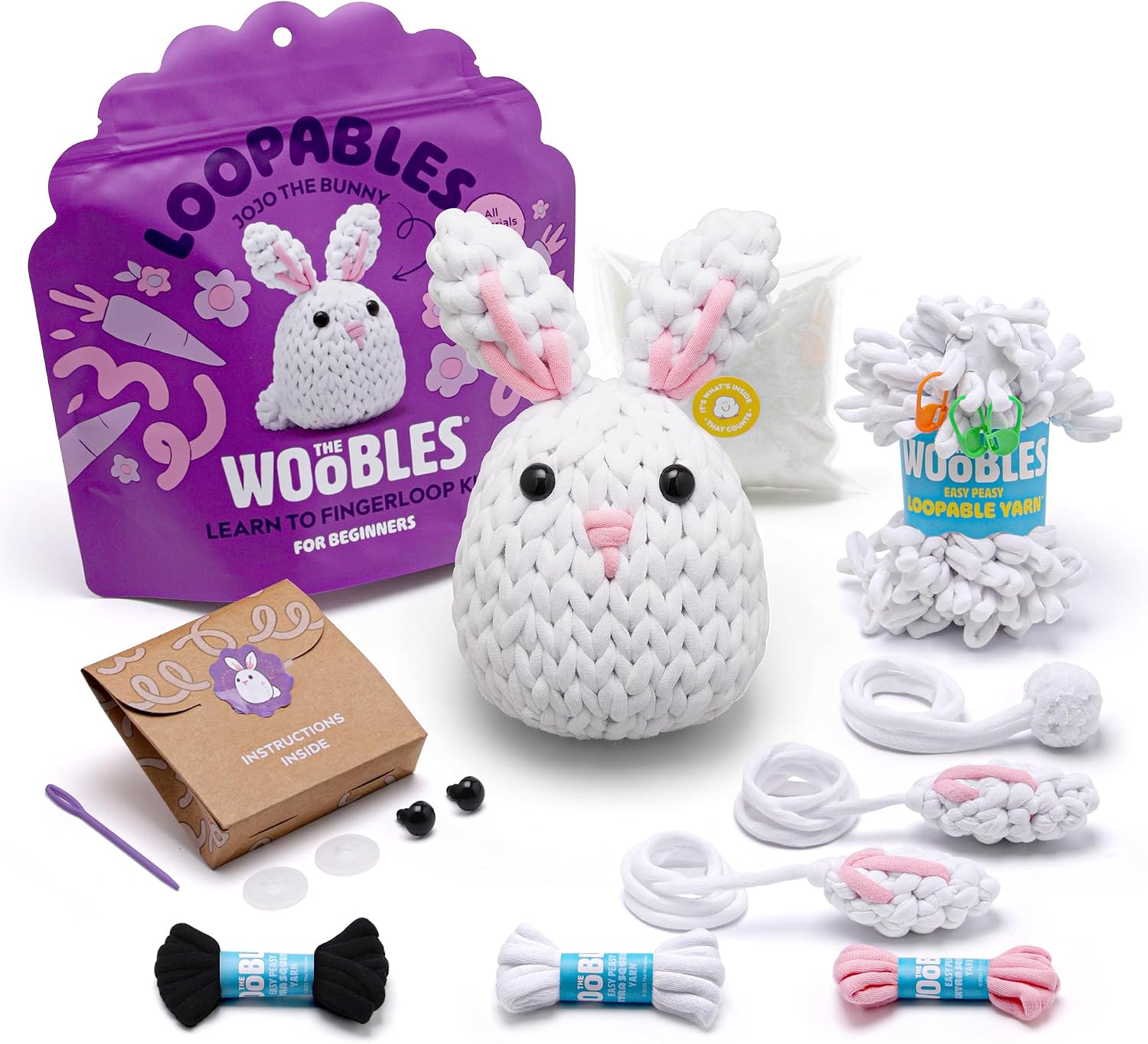 The Woobles Loopables Crochet Kit for Beginners (JoJo the Bunny) | As seen on Shark Tank, No crochet hook needed, fingerloop premade loops: Easy Peasy Loopable Yarn, pre-started piece