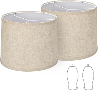 Lampshades Set of 2, Drum Lampshades 11.6" Top x 12.6" Bottom x 9.8" High, Seaside village Medium Lampshades (Spider Fitter), Beige Lampshades Natural Linen Hand Crafted, Easy Assembly Required