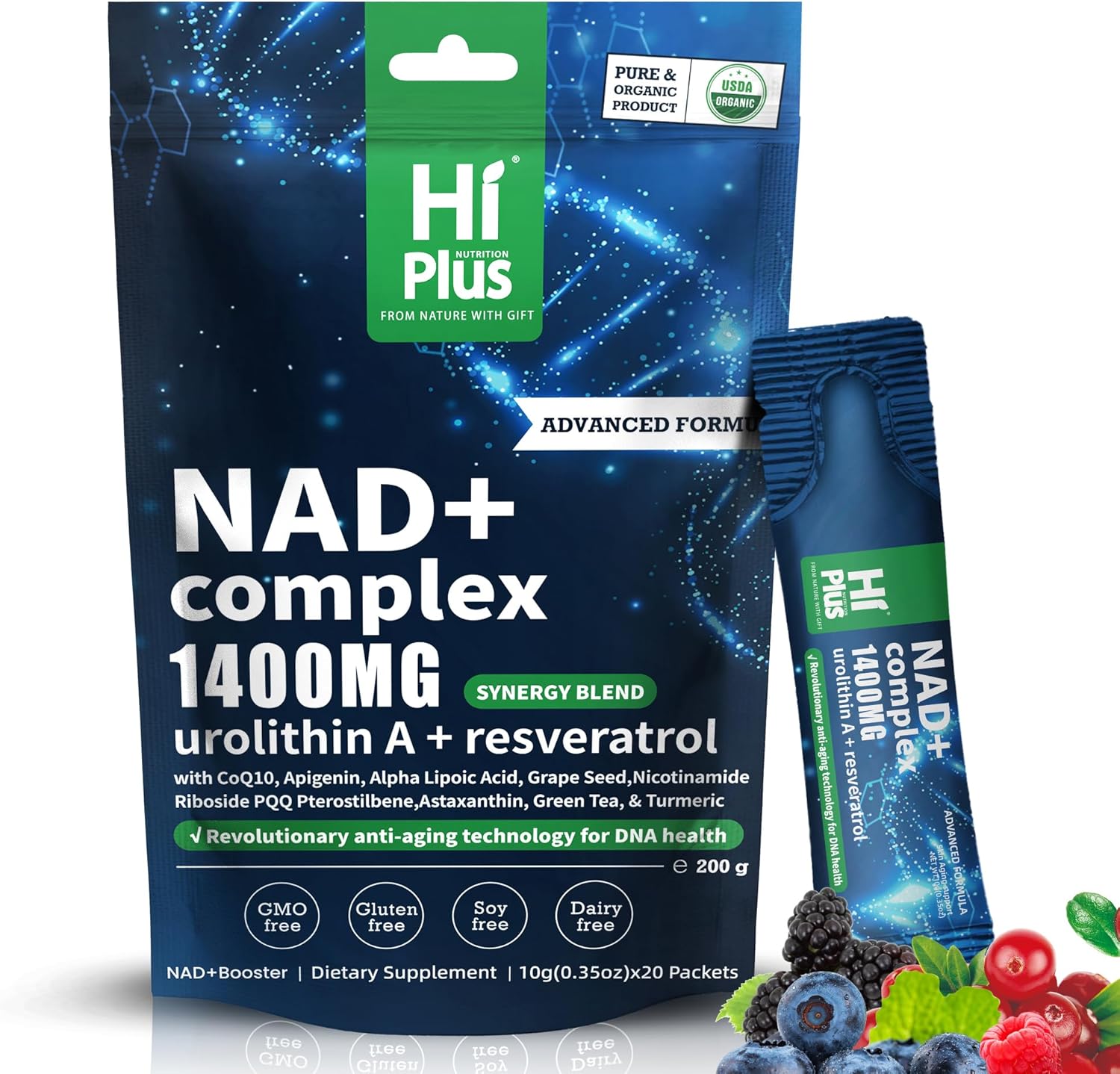 Revolutionary Anti-Aging Technology NAD+ Berry Flavor Drink 1400 mg Extra Strength Alternative Liposomal, Green Tea+Astaxanthin Resveratrol, CoQ10,PQQ,Alpha Lipoic Acid – Cell Regeneration–20 Pack