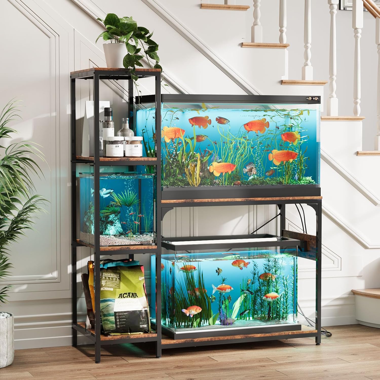 VOWNER 20-29 Gallon Fish Tank Stand with Power Outlet, Wood Aquarium Stand with Shelves for Fish Tank Accessories Storage, Heavy Duty Metal Frame, Turtle Reptile Terrarium Stand, Load 500lb, Brown