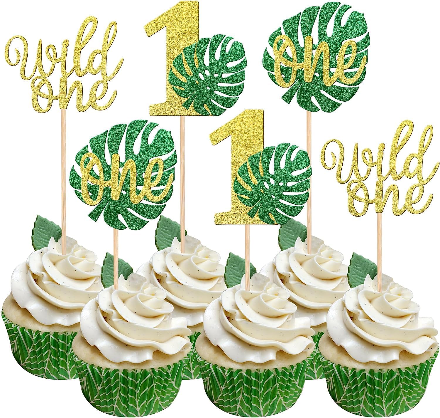 SYKYCTCY 30 PCS Monstera Leaf One Cupcake Toppers Glitter Wild One Cupcake Picks Palm Leaves 1st Birthday Cake Decorations for Jungle Safari Theme Baby Shower Kids First Birthday Party Supplies