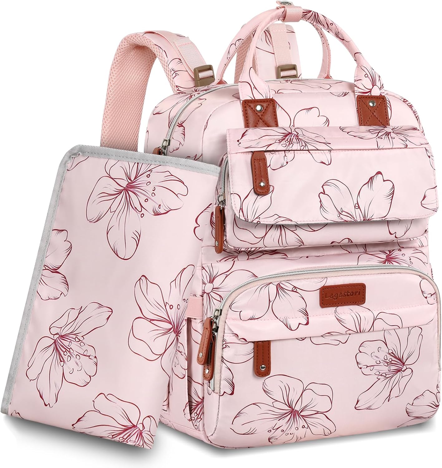 Diaper Bag Backpack, Large Diaper Backpack with Portable Changing Pad, Baby Diaper Bags for Girls, Multifunction Floral Travel Backpack for Moms Dads with Insulated Pockets and Stroller Straps