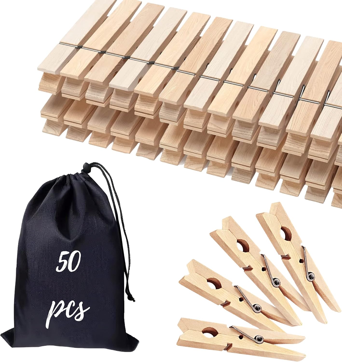 Clothes Pins Wooden Clothespins, 50 PCS 2.9" Natural Birchwood Clothing Pins, Strong Springs Wood Close Pins with Storage Bag, Wooden Clothespins for Laundry, Hanging Clothes, Classroom, Crafts