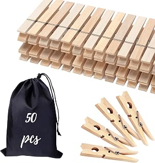 Clothes Pins Wooden Clothespins, 50 PCS 2.9" Natural Birchwood Clothing Pins, Strong Springs Wood Close Pins with Storage Bag, Wooden Clothespins for Laundry, Hanging Clothes, Classroom, Crafts