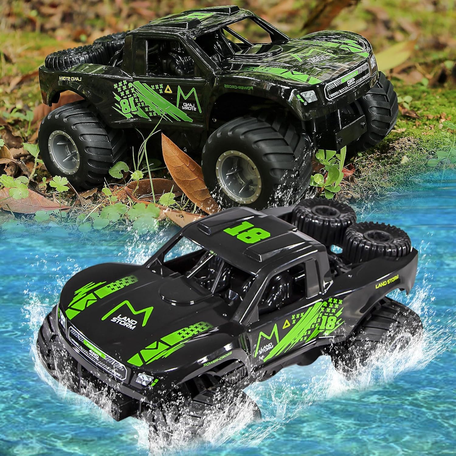 Dirt Monster Truck RC Car, 4WD, Off-Road Vehicle, 2 Batteries, Electric, for Kids and Adults, Green (【Green】【2 Batteries】 Amphibious RC Car)