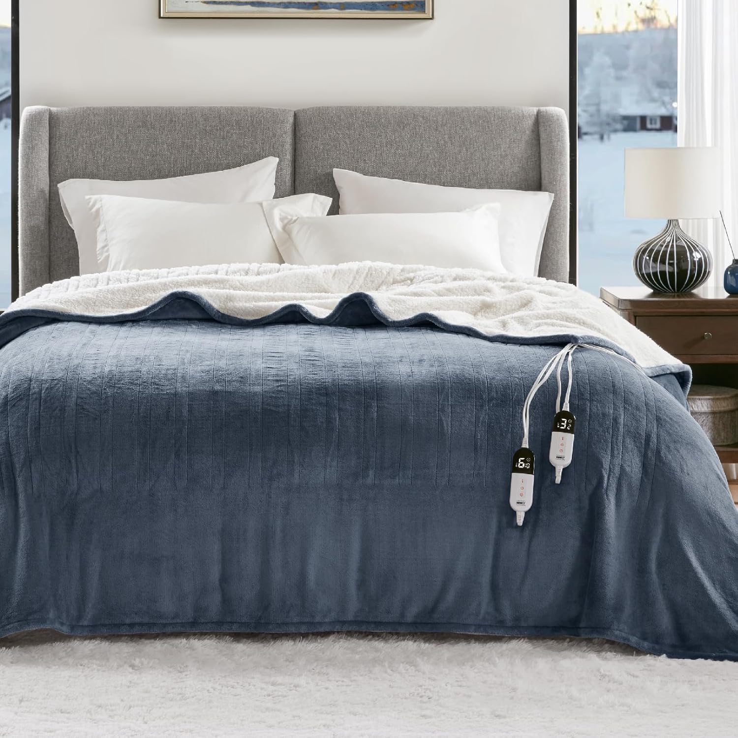 Degrees of Comfort Heated Blanket – King Size Soft Sherpa & Flannel Electric Throw with 6 Heat Settings, 10-Hour Auto Shut-Off, Overheat Protection, ETL Certified, 100"x90" for Winter Warmth, Blue