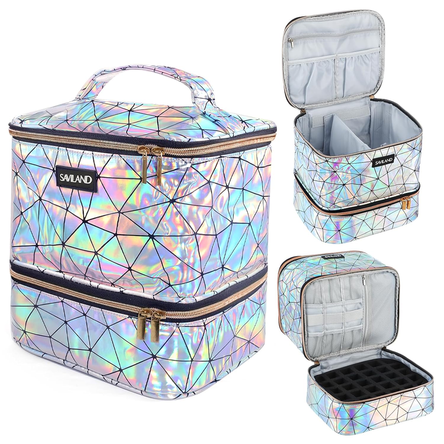 SAVILAND Nail Polish Organizer Bag: PU Leather Nail Kit Organizer Holds 30 Bottles & Nail Lamp, Holographic Nail Supply Organizer Nail Polish Holder Case Nail Organizers and Storage Box for Nail Tech