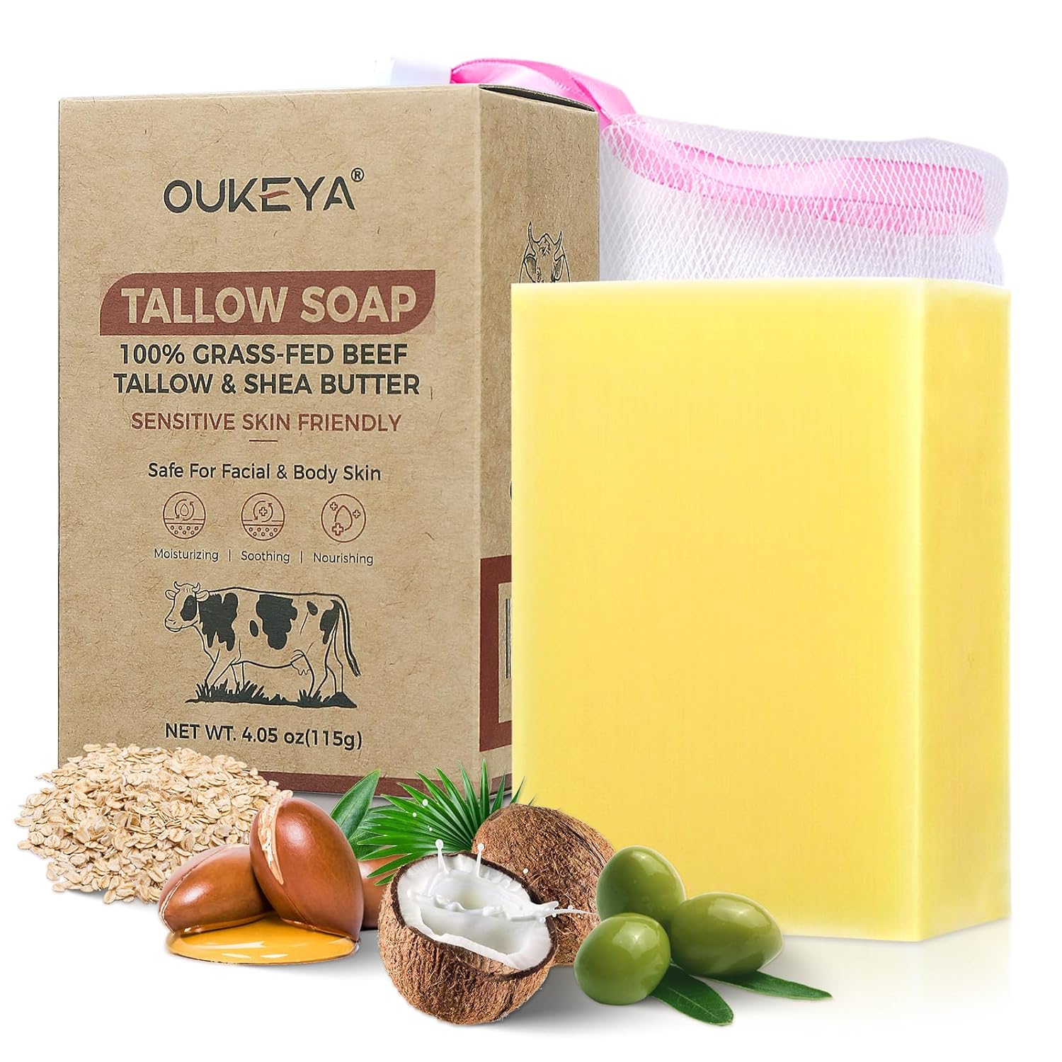 OUKEYA Beef Tallow Soap Bar Gentle Cleansing & Hydrating for Face & Body, Bath Soap for Dry, Sensitive Skin,Chemical-Free, Cruelty-Free,4.05oz(1Pack)