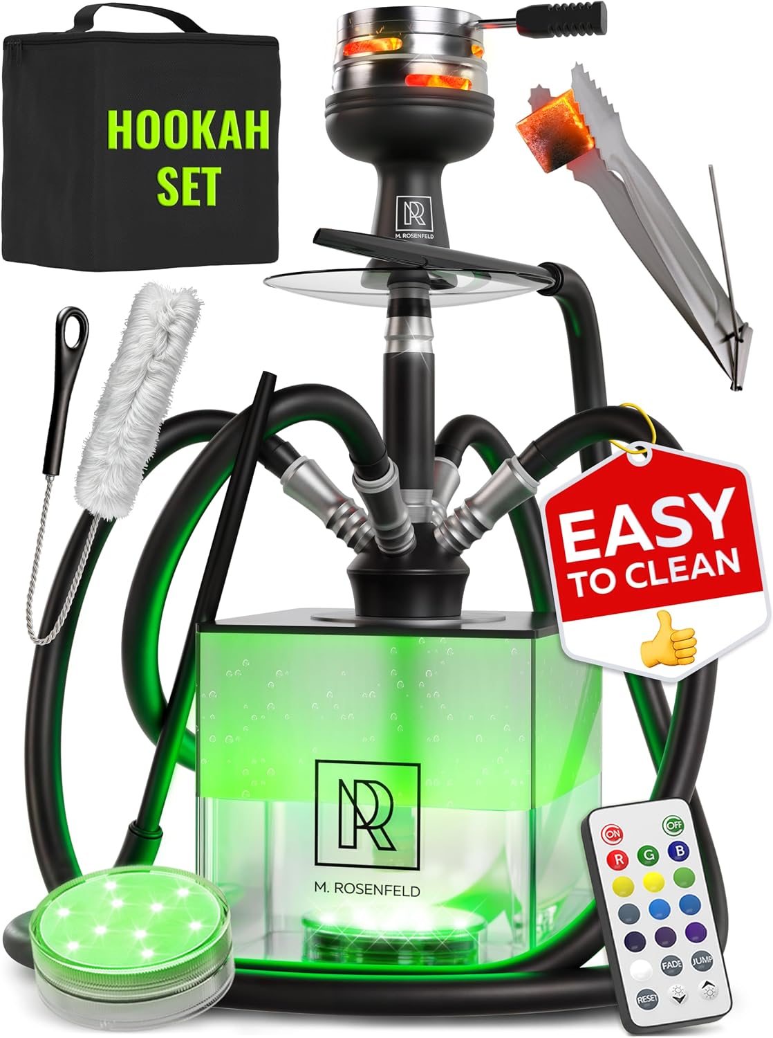 4 Hose Hookah Set with Everything – Black Hookah 4 Hose Complete Kit with LED Light, Remote, Silicone Hoses, Acrylic Base, and Tongs – Big Hookah Set with Accessories – Premium Sisha Hooka