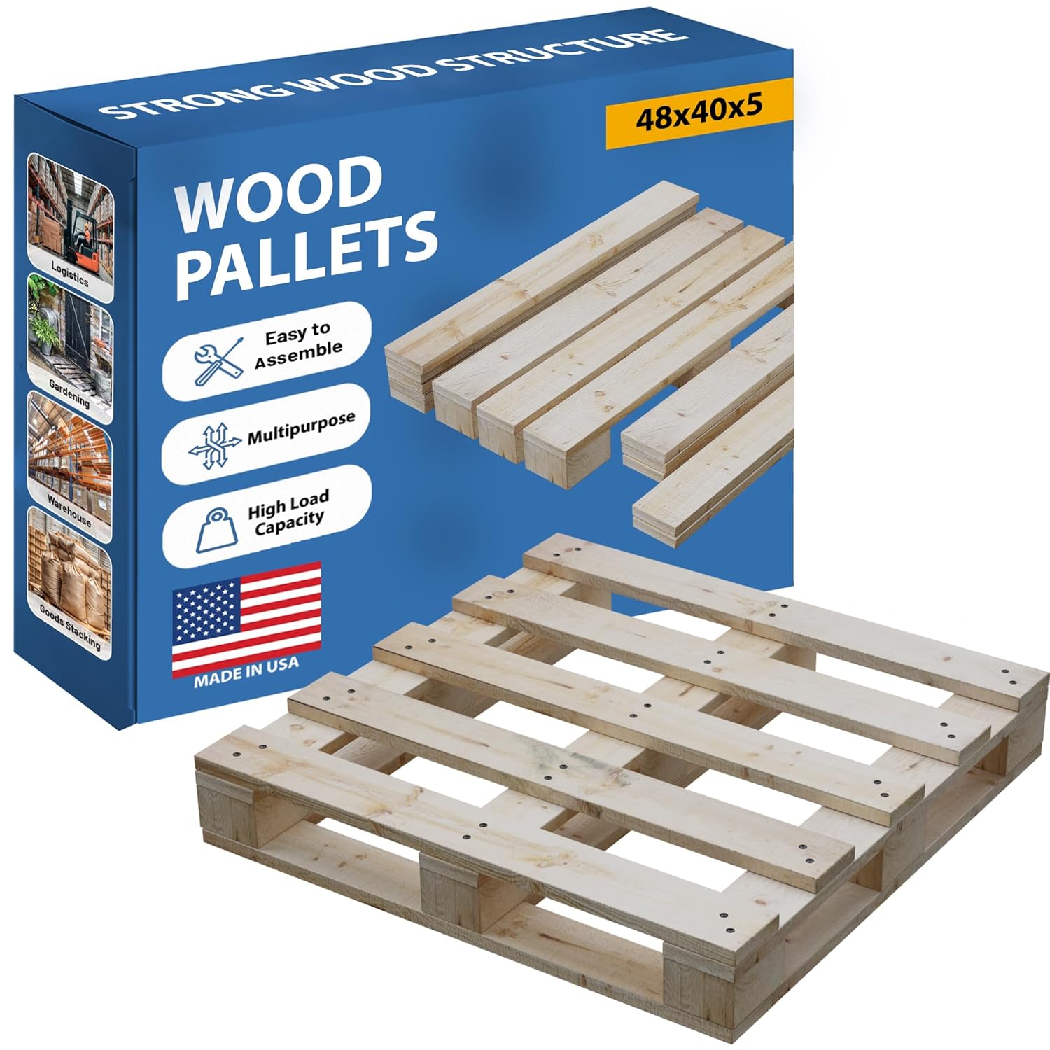 Greaton, Unassembled Heavy-Duty Wooden Pallet Kit – 48x40x5 Inches, Industrial-Grade Pinewood, Stackable & Reusable, Easy to Assemble, 4-Way Forklift Entry, for Home, Storage & Warehouse Use – 1 Pack