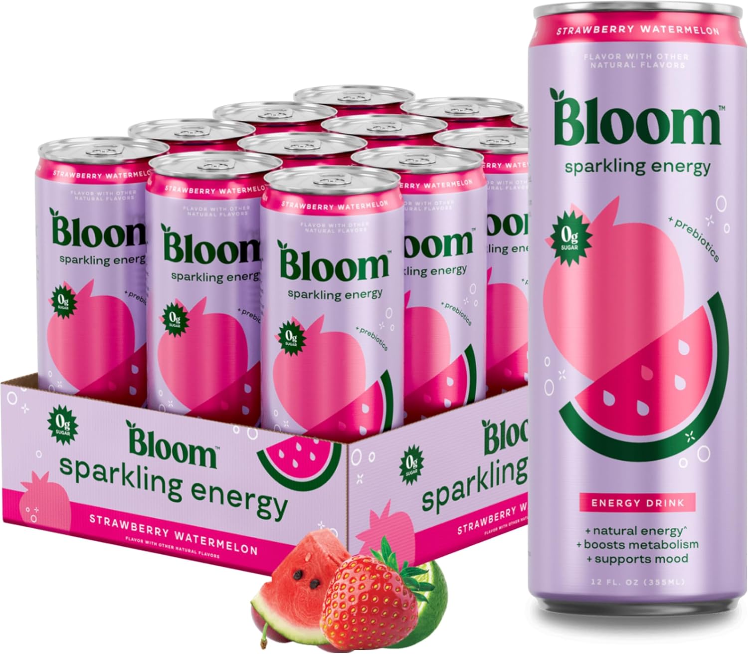 Bloom Nutrition Strawberry Watermelon Sparkling Energy Drink, 12oz 12 Pack | Strawberry watermelon flavor with 180mg natural caffeine, prebiotics, green tea extract & lychee for energy and focus.
