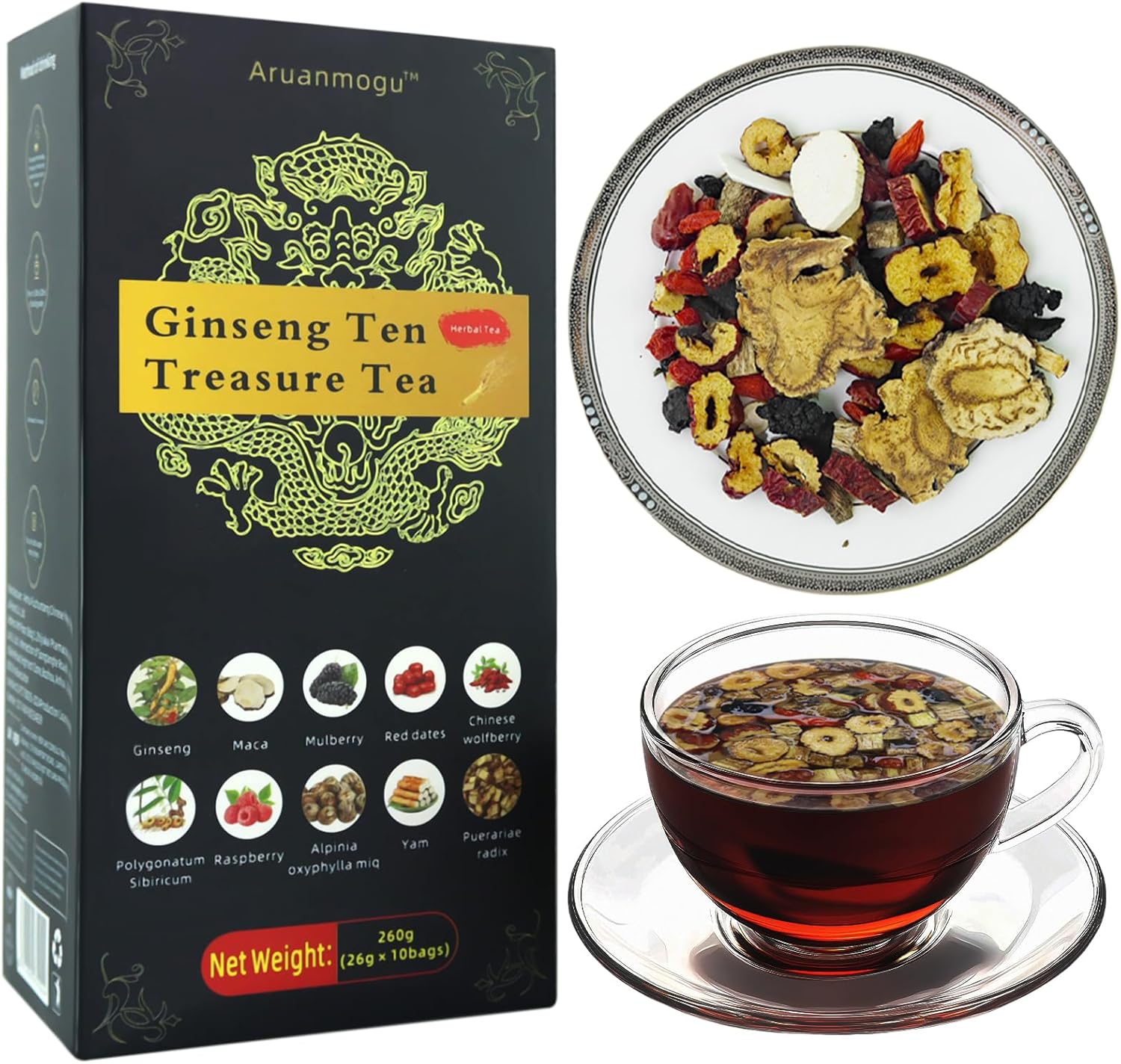 260g /10 bags，Maca Kidney Tea Formula Ginseng Ten Treasure Tea, Chinese Herbal Kidney Tea Bag for Male Enhancement Support Booster ，Nourishing, Women's Health and Beauty,Cleansing and Detoxifyingto