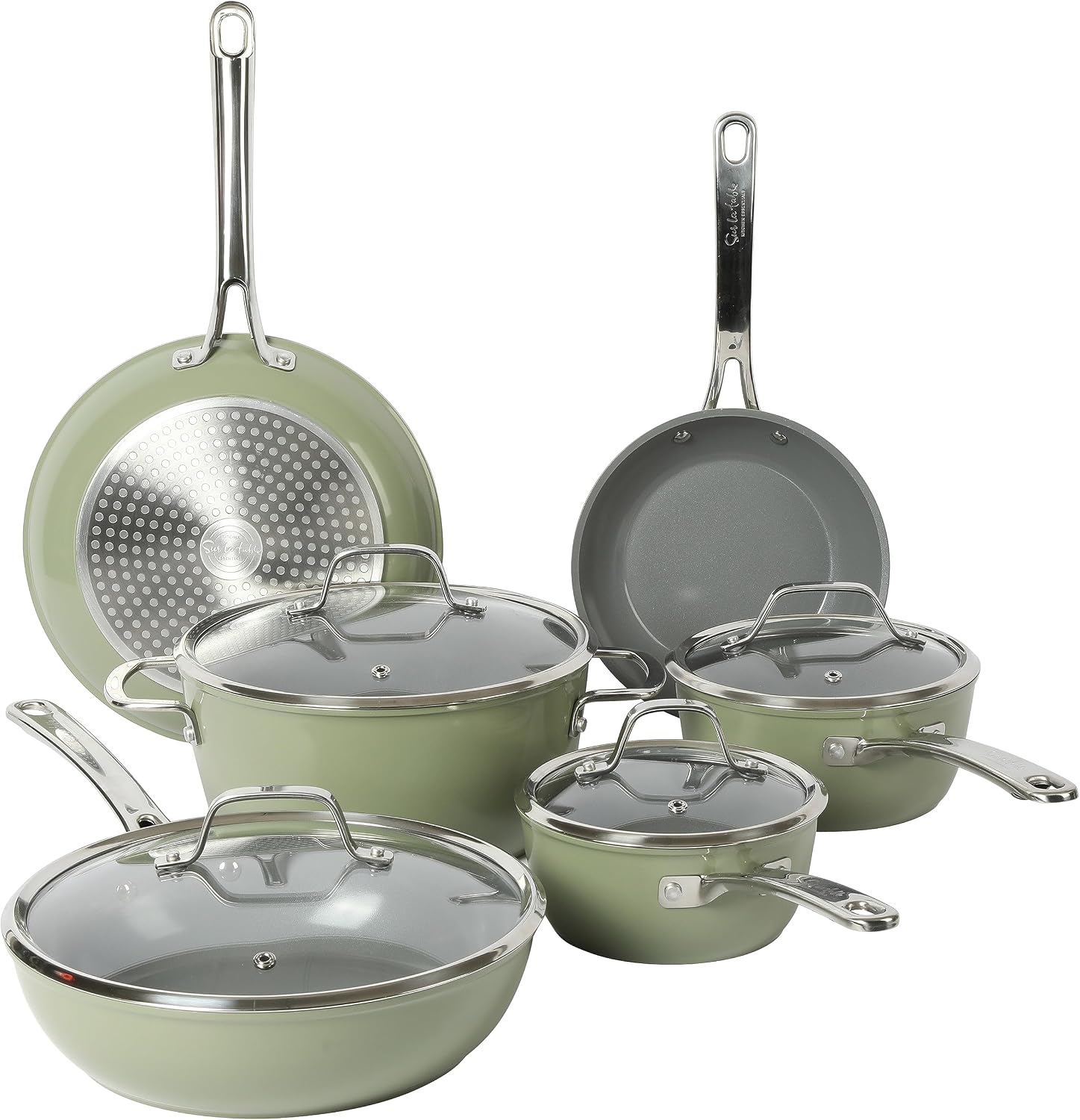Sur La Table Kitchen Essentials 10 Piece PFA Free Non-Toxic Titanium Ceramic Nonstick Interior Forged Aluminum Cookware Pots and Pans Set - Green - Induction Compatible
