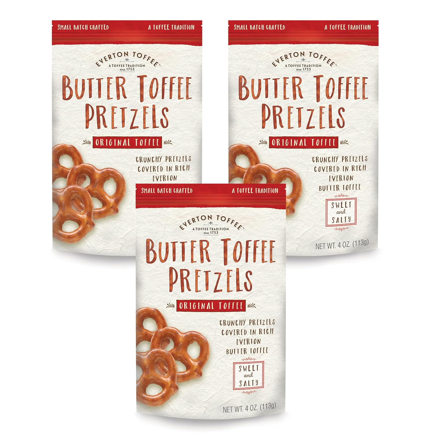 Everton Toffee Butter Toffee Pretzels, Original Toffee Flavor (4 oz. bag, 3-pack), Gourmet Artisan Toffee Covered Pretzels, Sweet and Salty Mini Pretzel Snacks, Small Batch Crafted