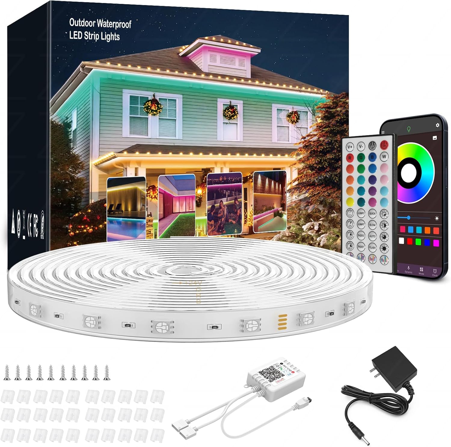 Outdoor Led Strip Lights Waterproof 100ft (1 Roll) Ip68 Waterproof Led Light Strips with Remote, App Control, Music Sync RGB Led Rope Lights Outdoor Led Lights Waterproof for Roof Deck Balcony