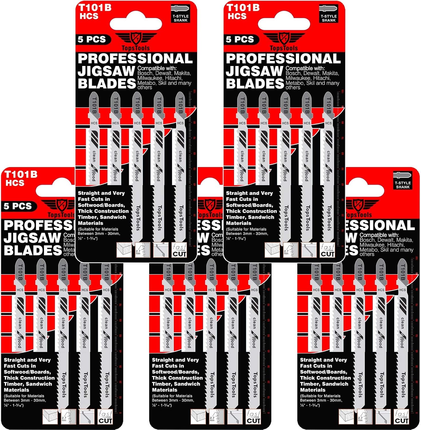 25 x TopsTools T101B 100mm Jigsaw Blades Designed for Clean Cuts in Wood