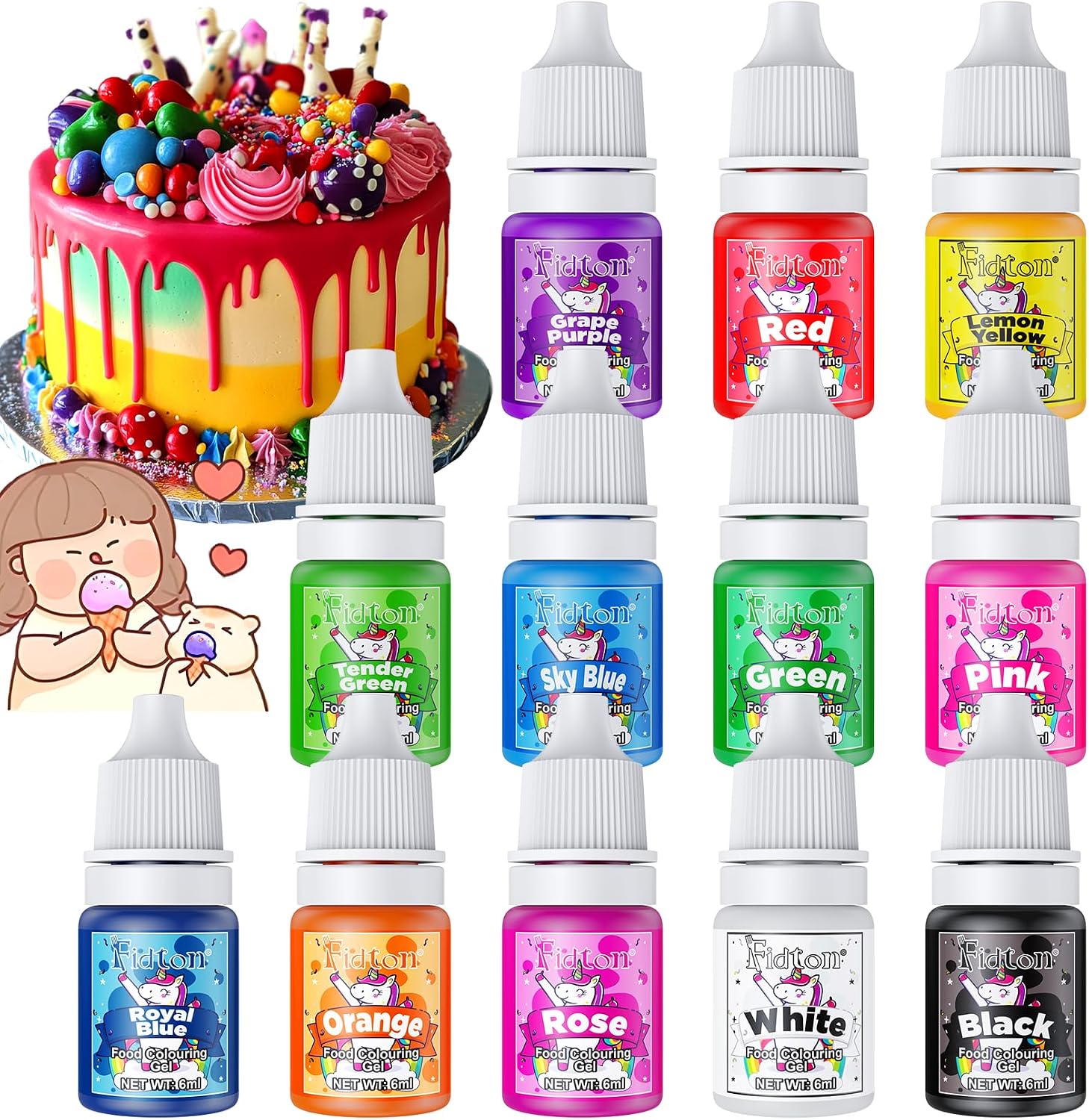Food Colouring Gel - Fidton 12 Colours High Concentration Food Dye, Gel Food Colouring Set for Baking, Icing, Macaroons, Food Coloring for Slime, Cake Decorations Set for Cupcakes, Donuts - 6 ml