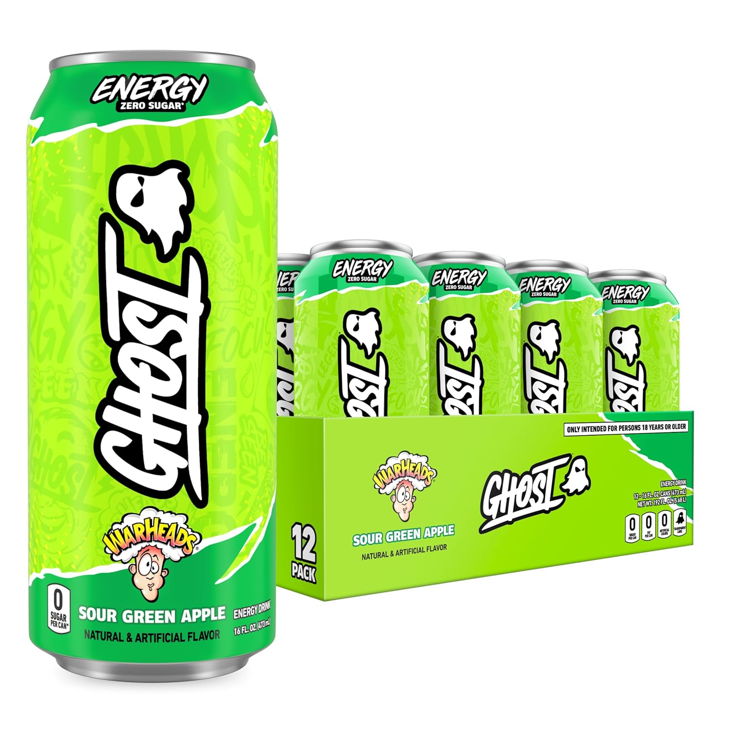 GHOST Energy Drink - 12-Pack, Warheads Sour Green Apple, 16oz - Energy & Focus & No Artificial Colors - 200mg of Natural Caffeine, L-Carnitine & Taurine - Gluten-Free & Vegan