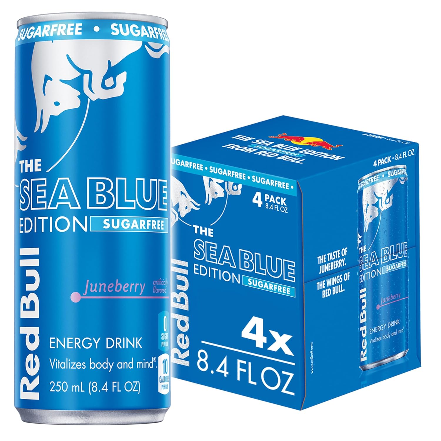 Red Bull Sea Blue Edition Sugar-Free Energy Drink, Juneberry, with 80mg Caffeine plus Taurine & B Vitamins, 8.4 Fl Oz, Pack of 4 Cans