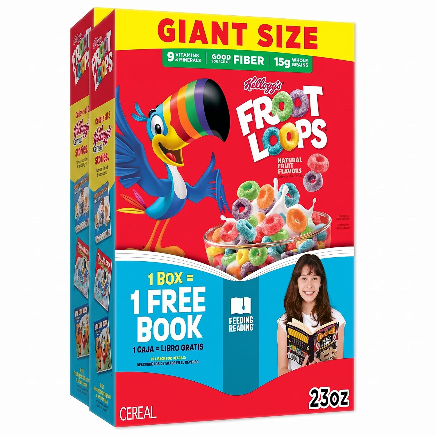 Kellogg's Froot Loops Breakfast Cereal,Good Source of Fiber,15g Whole Grains,Giant Size,23 oz,(Pack of 2)
