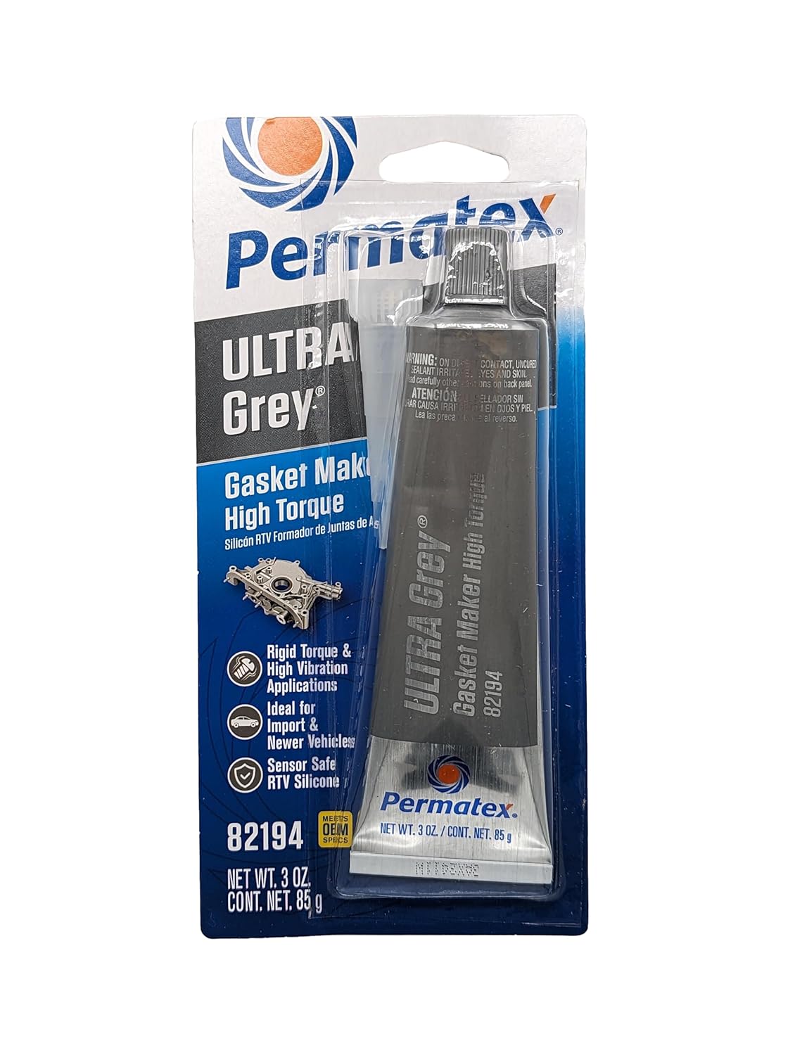 Permatex 82194 Ultra Grey Rigid High-Torque RTV Silicone Gasket Maker, Sensor Safe And Non-Corrosive, For High Torque And Vibration Resistant Applications, 3 oz