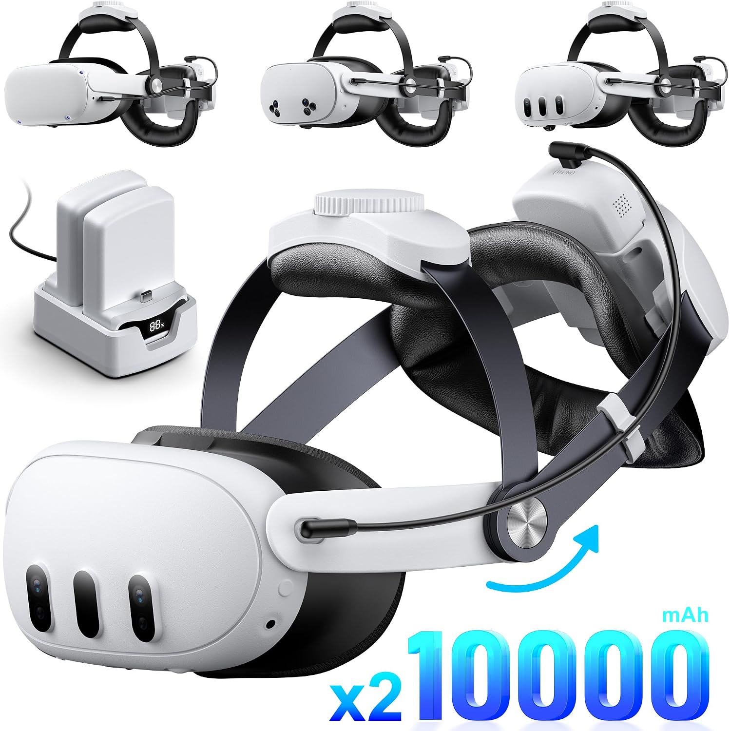 Head Strap with 20000mAh (10000 x 2) Hot-Swap Battery Packs for Meta Quest 3S/Quest 2/Quest 3 Head Strap, Double Knobs Adjustable Elite Strap Replacement,VR Headset Accessories Strap