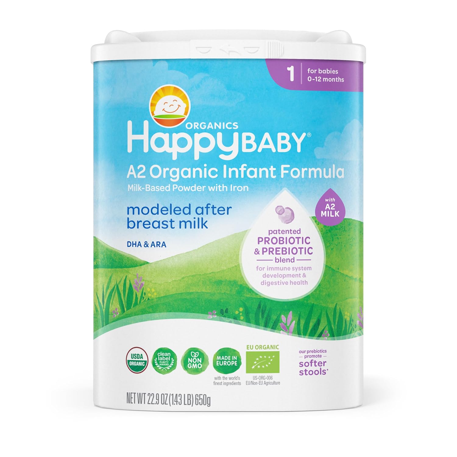 HAPPY BABY Stage 1 A2, 0-12 Months, Organic Infant Formula, 22.9oz (1 Pack)