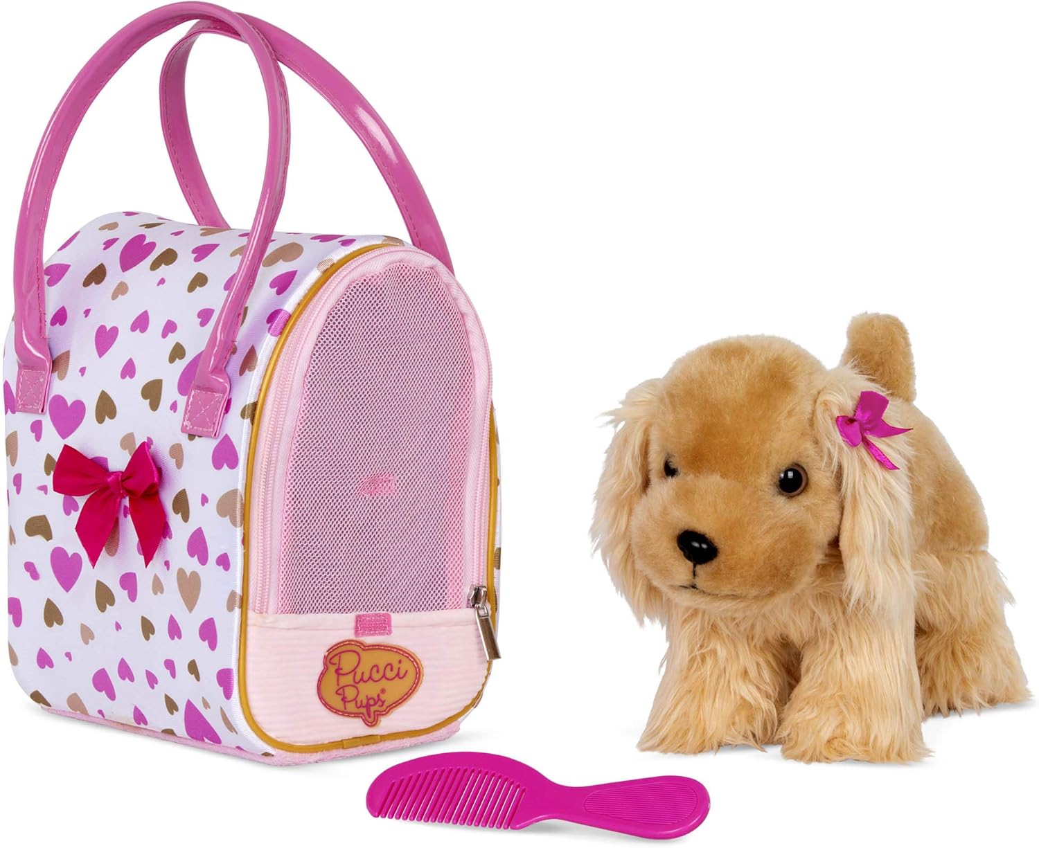 Pucci Pups – Plush Puppy – Dog Carrier – Toy Cocker Spaniel – Pink & Golden Heart Print Bag & Cocker Spaniel and Comb– Stuffed Animal – 3+ Years