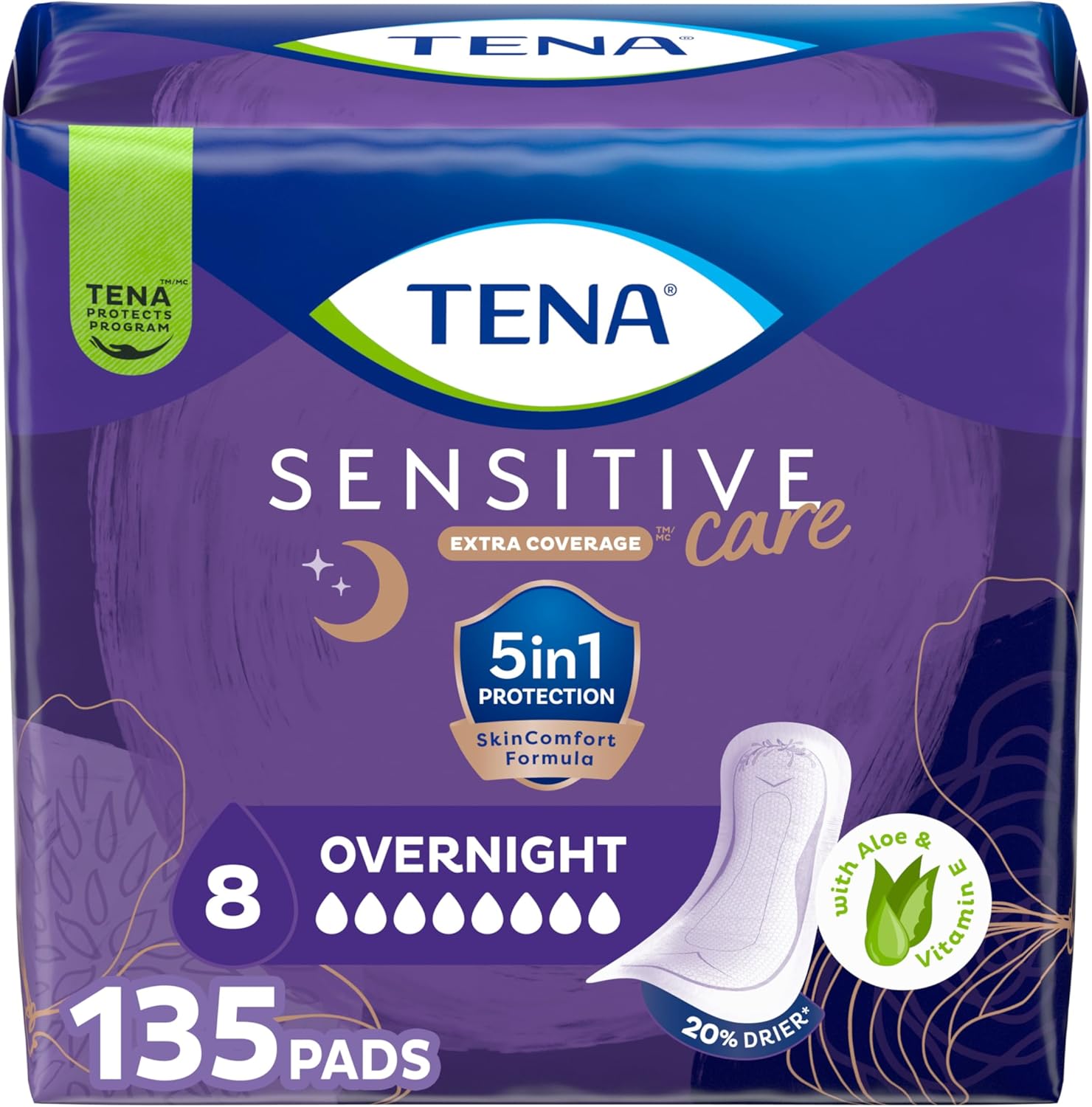 TENA Sensitive Care Overnight Incontinence Pads Women, Extra Coverage 135ct