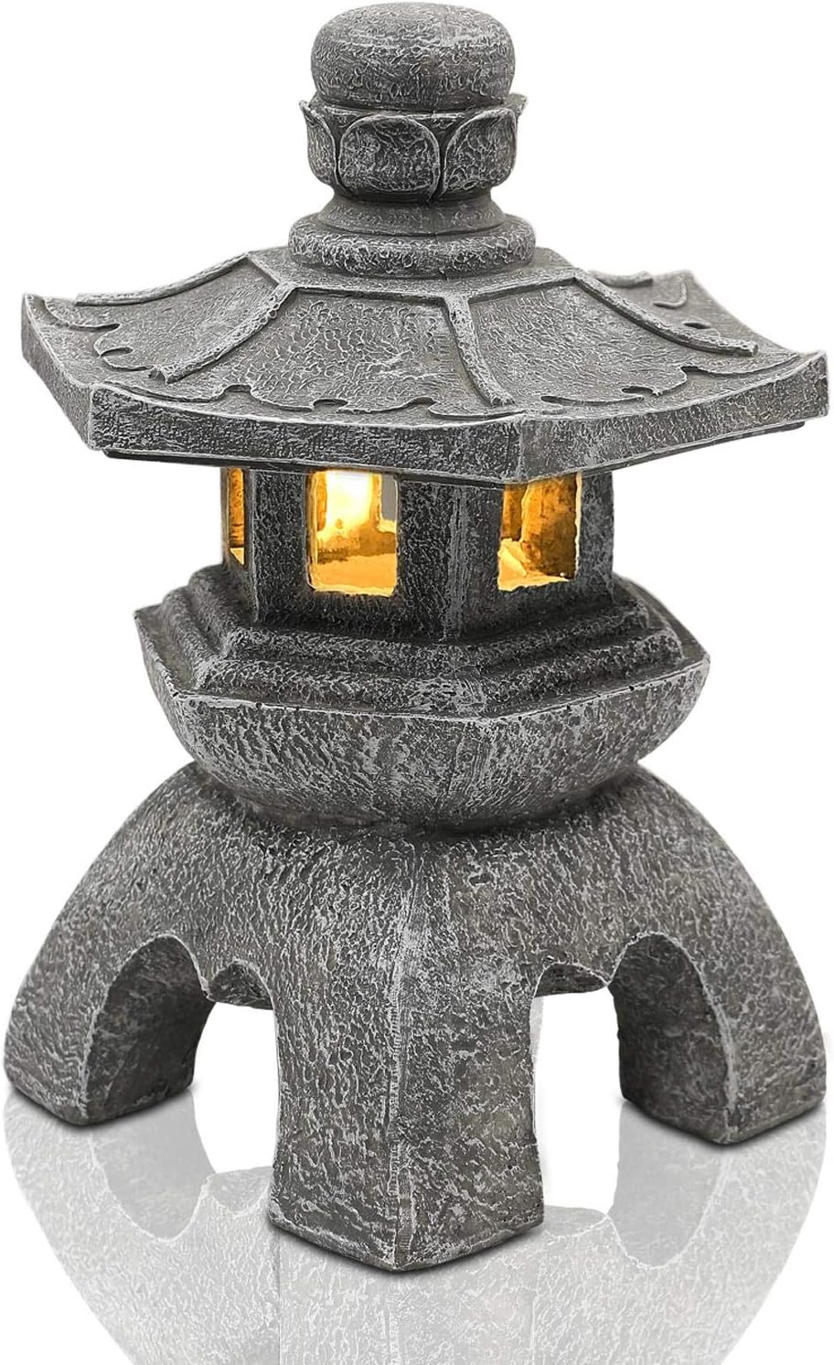 Nacome Solar Pagoda Lantern garden statue,Indoor/Outdoor Zen Asian Decor for Landscape Balcony,Garden,Patio,Porch Yard Art Ornament,Polyresin, Gray stone finish