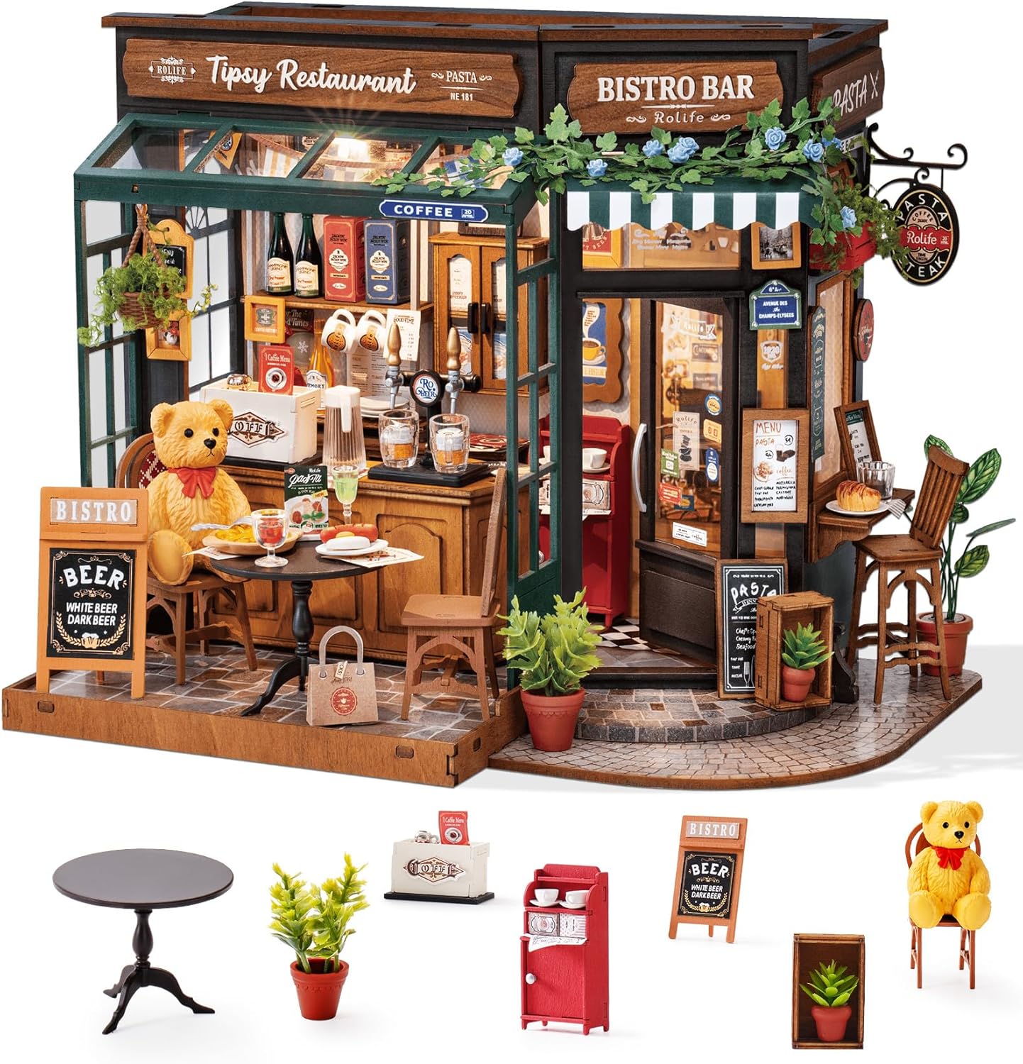 ROBOTIME DIY Tiny House Kit, Miniature House Kit for Adults to Build, Mini House Kit with Furniture, Halloween/Christmas/Birthday Gifts for Men/Women（Tipsy Restaurant）